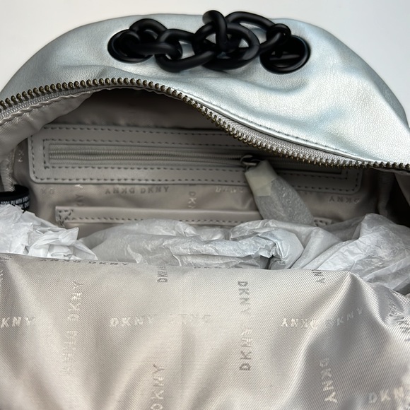 DKNY Metallic Silver Mini Backpack w/ Black Chain Details, NWOT! - Picture 7 of 10